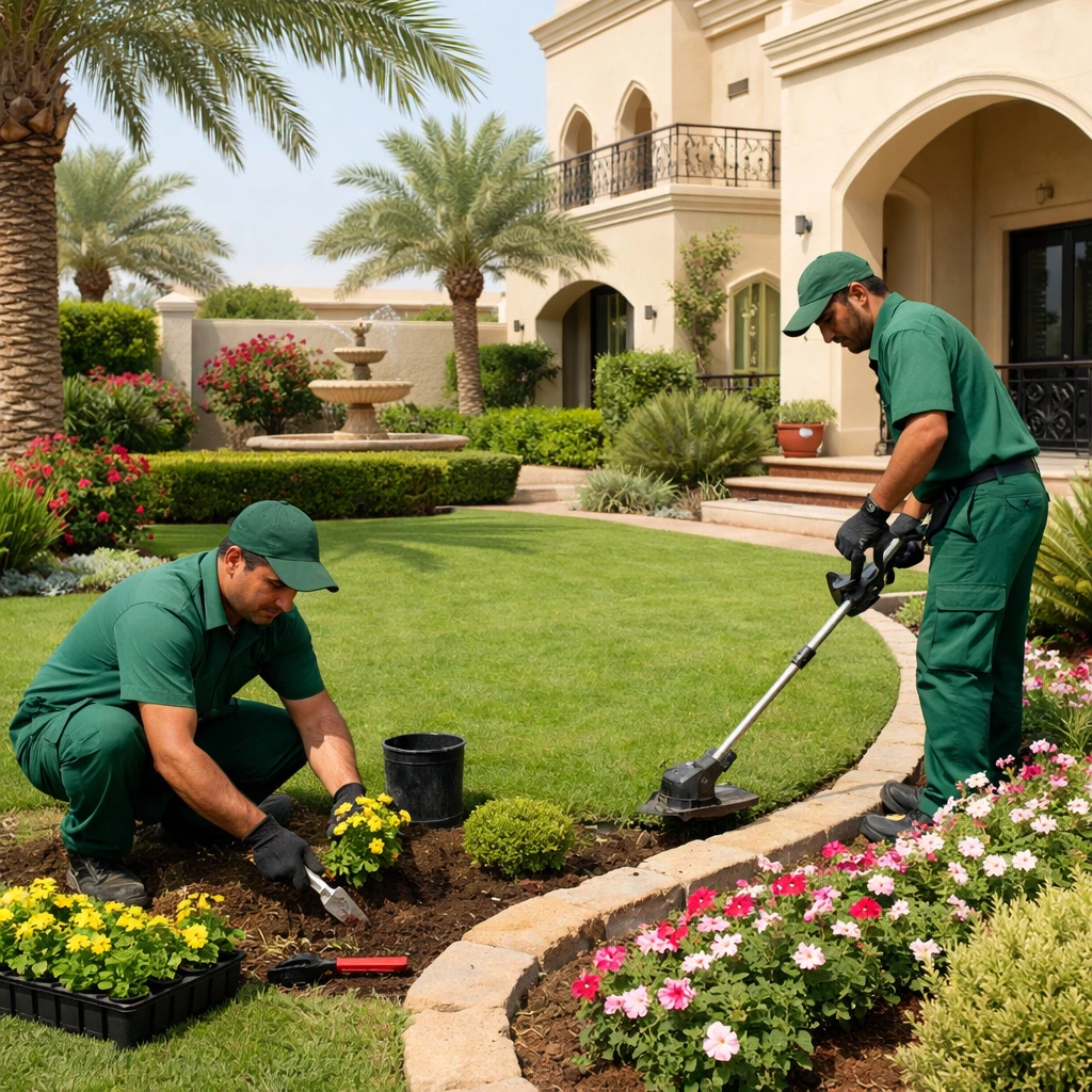 Luxury villa landscaping in Al Shamkha Abu Dhabi with modern pergola, gazebo, green lawn, and elegant garden design by experts