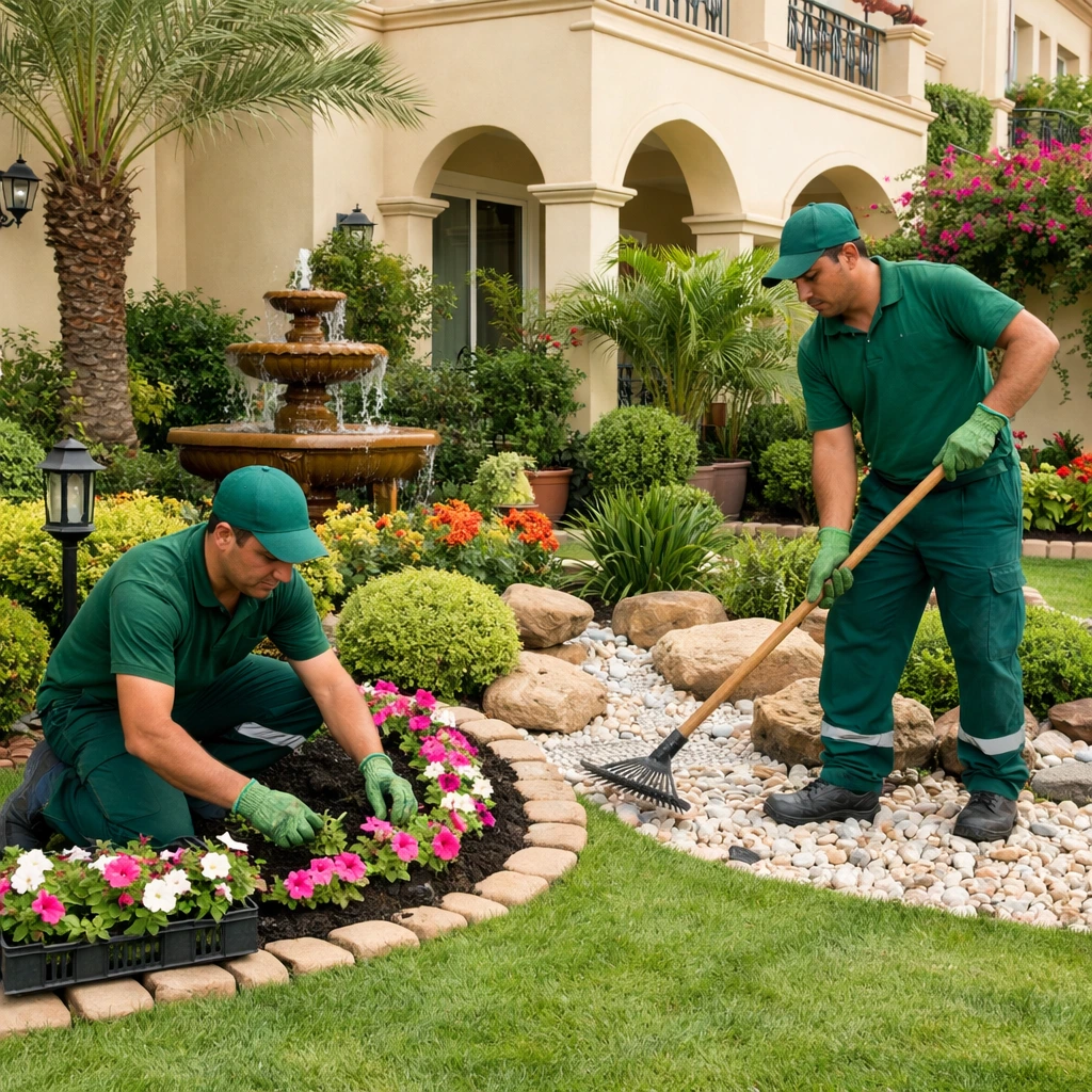 High-end residential garden in Al Muroor Abu Dhabi with custom gazebo, artificial grass, and smart irrigation system creating a perfectly maintained outdoor space. Garden landscaping in Al Muroor Abu Dhabi with gazebo and irrigation system