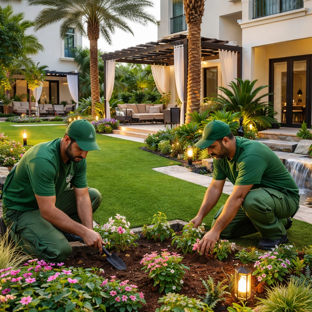 A vibrant villa garden scene in Al Furjan, Dubai, showcasing expert landscaping and gardening services. Two skilled workers in green uniforms maintain lush lawns, colorful flower beds, and palm trees within the villa boundary. The image highlights professional landscaping expertise, attention to detail, and premium garden care — ideal for promoting Landscaping in Al Furjan Dubai services. Two professional landscapers in green uniforms working inside a modern villa garden in Al Furjan, Dubai — trimming grass and arranging plants as part of expert landscaping and gardening services.