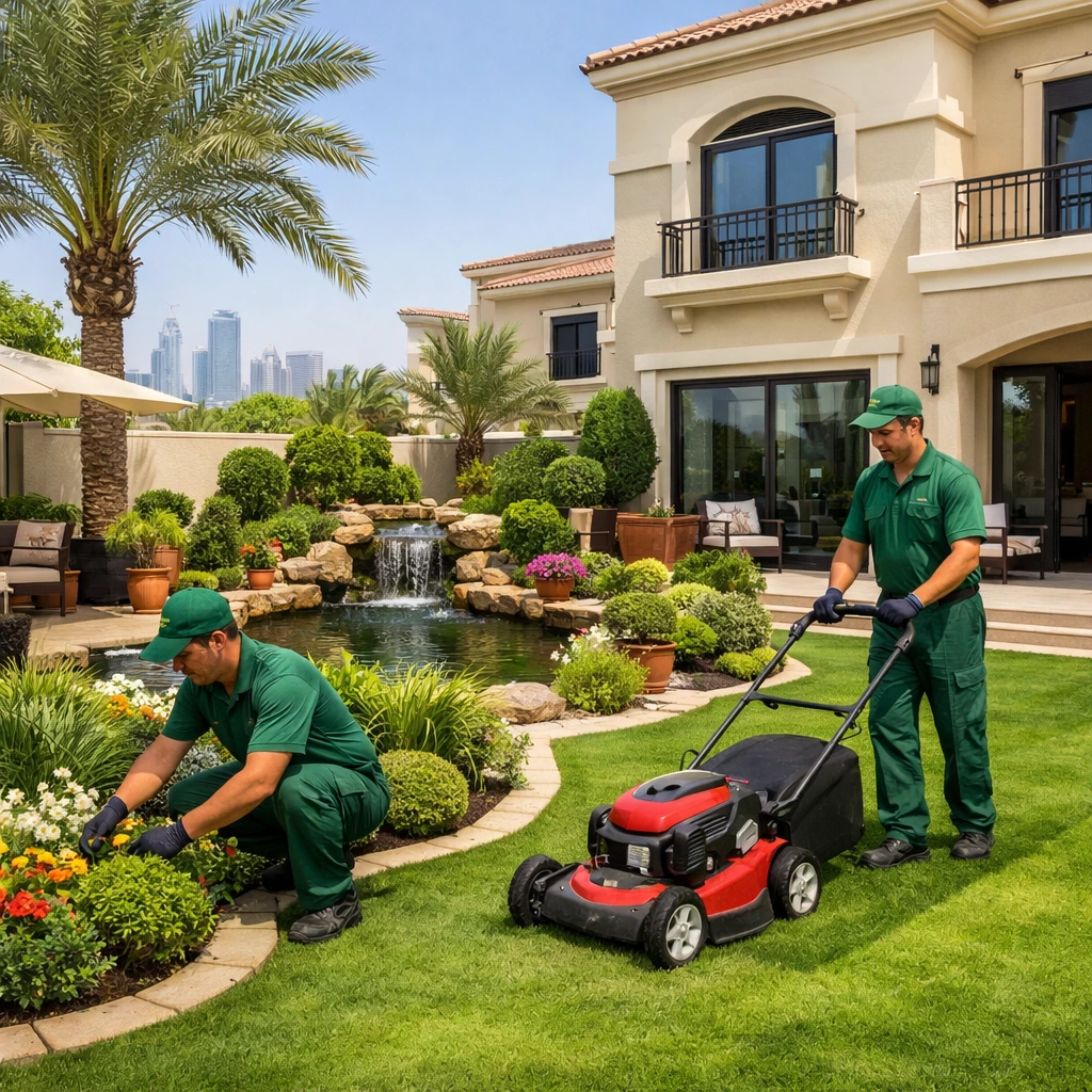A modern villa garden in Al Furjan, Dubai, featuring two skilled landscapers in green uniforms performing expert landscaping and gardening work. The scene highlights lush green lawns, colorful flower beds, and elegant outdoor design within the villa boundary. Perfectly representing Landscaping in Al Furjan Dubai, this image conveys professionalism, precision, and premium garden care services. Expert landscapers in green uniforms maintaining a villa garden in Al Furjan, Dubai — trimming grass and arranging plants as part of professional landscaping and gardening services.