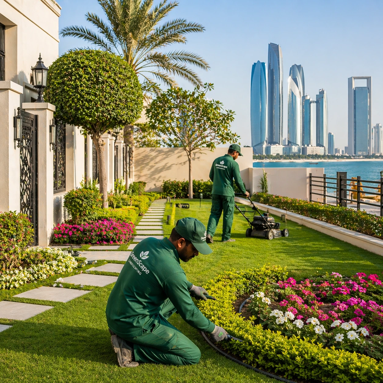 Luxury villa landscaping in Corniche Area Abu Dhabi with two gardeners in green uniforms maintaining lawn, trimming hedges, and vibrant waterfront garden design