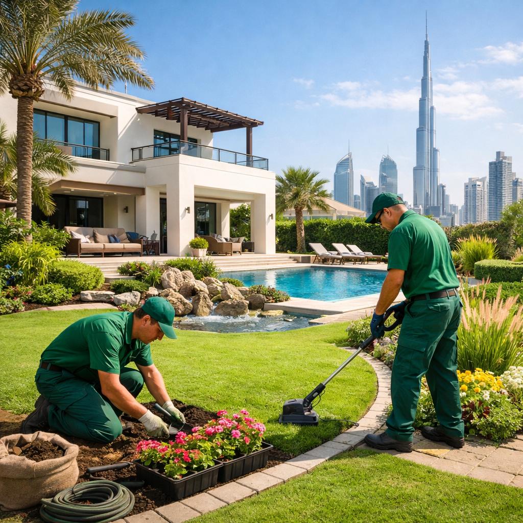 A premium residential landscaping scene in Mirdif Abu Dhabi featuring a beautifully maintained villa garden with lush green grass, neatly trimmed hedges, and vibrant flower beds. Two professional gardeners in green uniforms are actively working—one trimming shrubs while the other takes care of lawn maintenance. The garden includes modern design elements such as a clean stone pathway, decorative plants, and shaded outdoor seating, reflecting high-quality landscaping and gardening services tailored for elegant homes in Mirdif. Expert landscaping in Mirdif Abu Dhabi with gardeners maintaining luxury villa garden, green lawn, and modern outdoor design