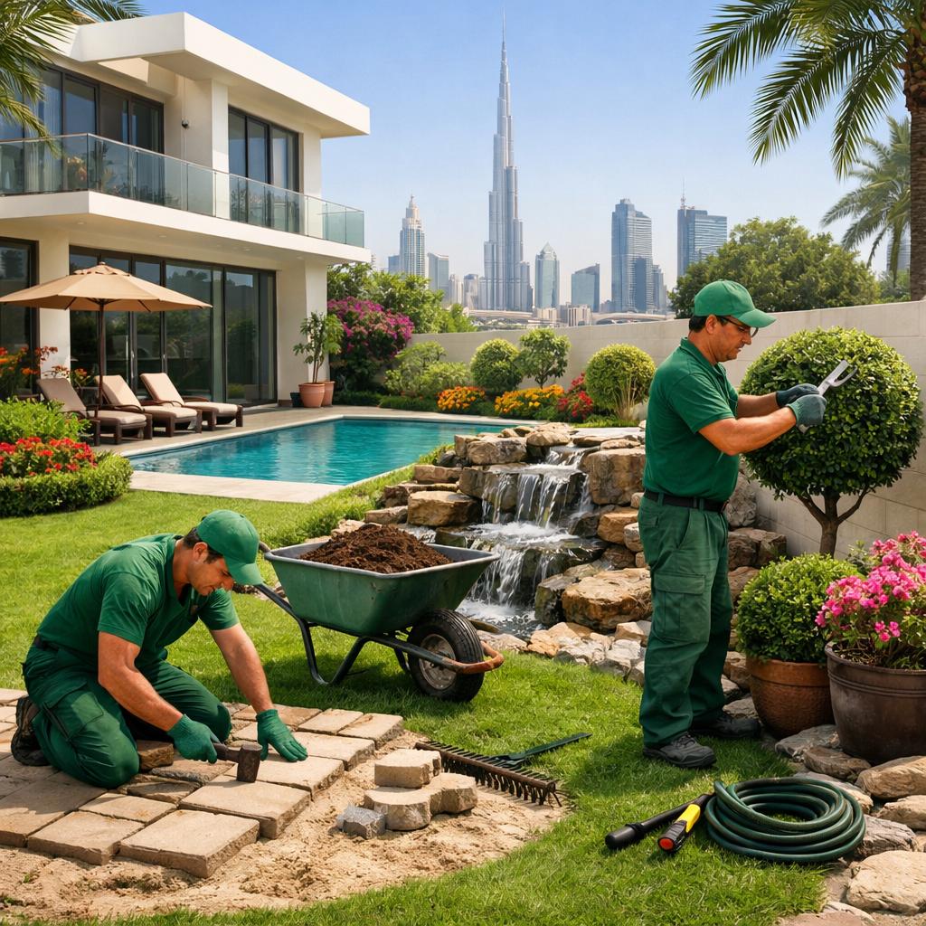 Professional landscaping and gardening services in Mirdif, Dubai, featuring expert gardeners working on villa gardens, lawn maintenance, and outdoor landscape design to create a fresh, green, and elegant outdoor living space. Landscaping in Mirdif Dubai with professional gardeners designing and maintaining villa garden greenery and outdoor lawn services.