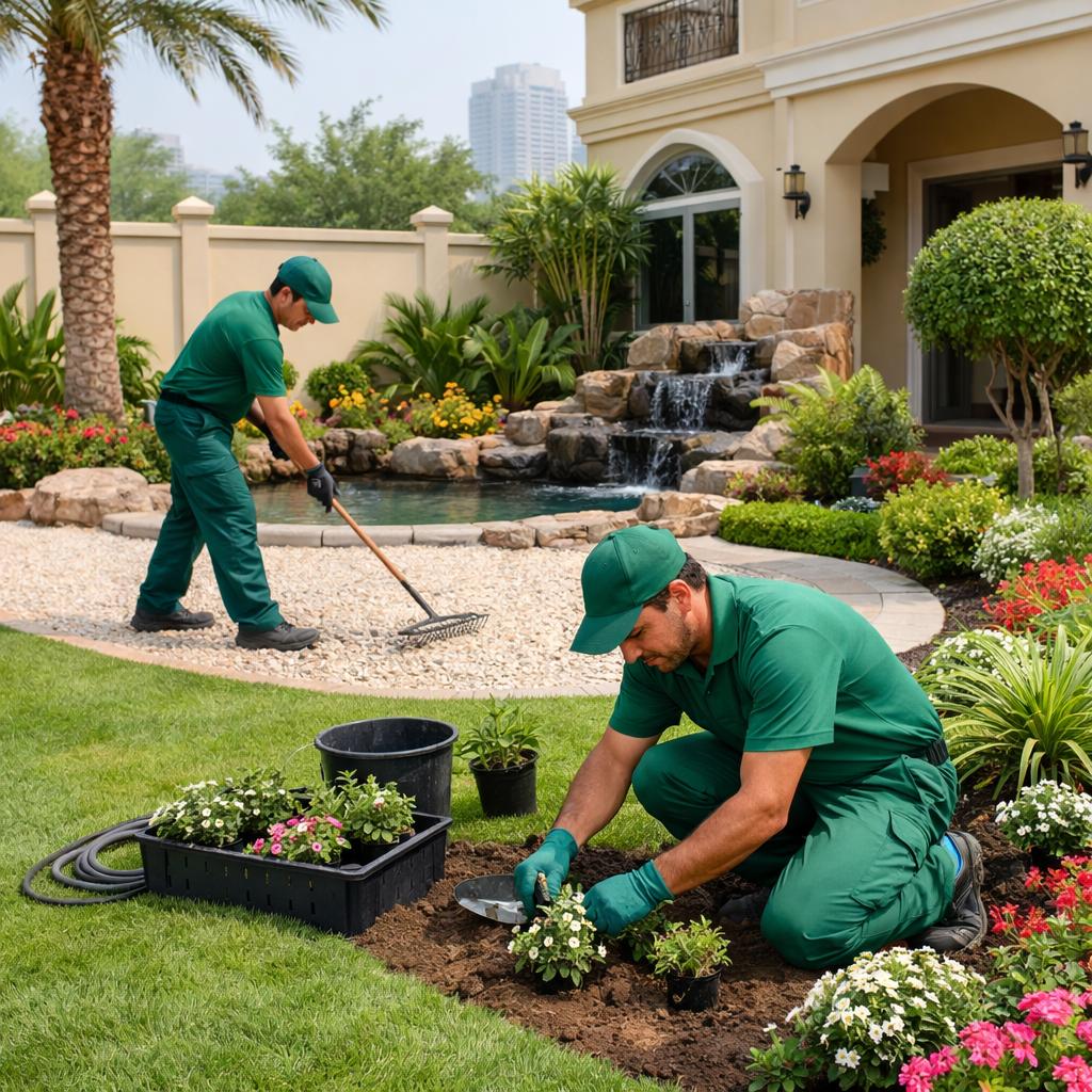 Expert landscaping and gardening services in Maqta, Abu Dhabi, showing gardeners working on villa outdoor spaces, including lawn trimming, plant arrangement, and garden enhancement. The scene reflects a clean, modern, and well-maintained luxury landscape designed for residential villas. Professional landscaping in Maqta Abu Dhabi featuring villa garden maintenance, green lawn care, and decorative outdoor plant design services.