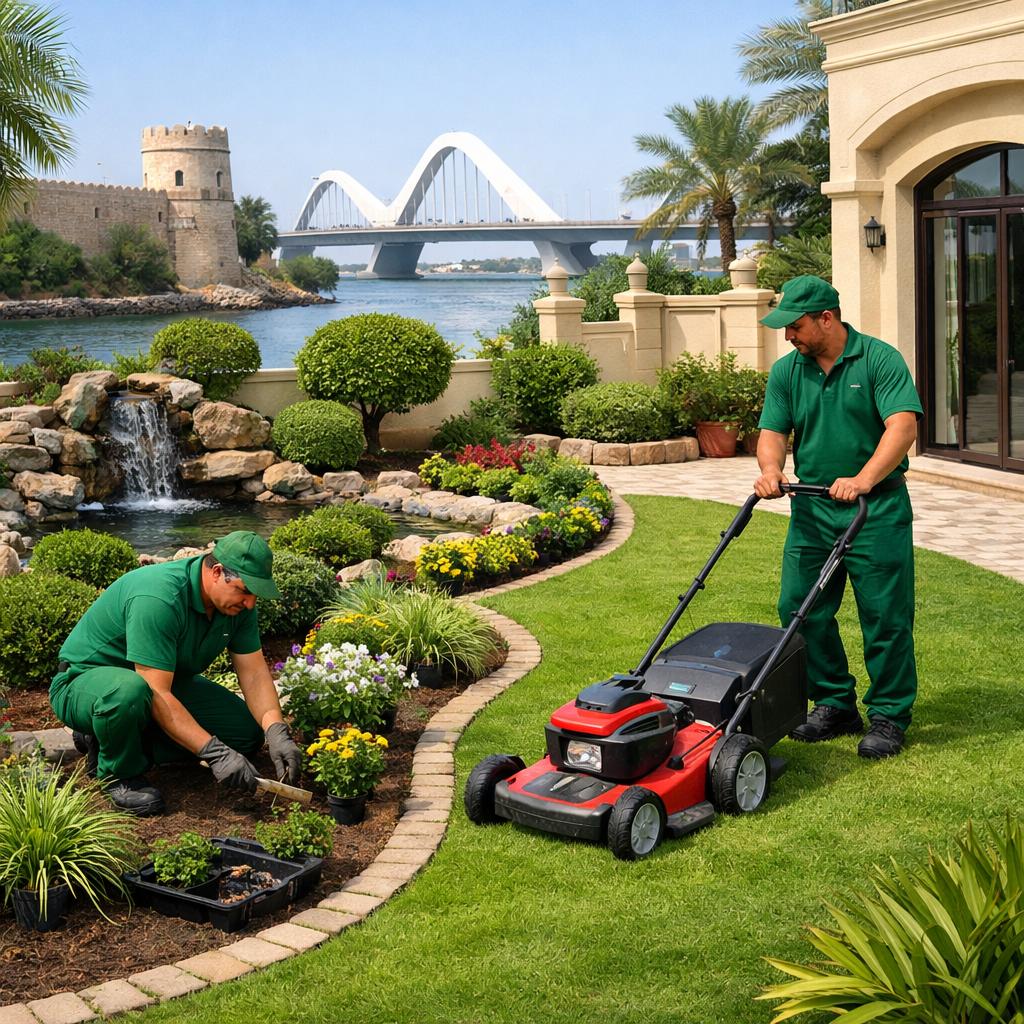 High-quality landscaping and gardening services in Maqta, Abu Dhabi, featuring skilled landscapers working on villa gardens, lawn care, and outdoor greenery. The scene highlights modern garden design, well-maintained plants, and elegant outdoor spaces tailored for luxury residential properties. Landscaping in Maqta Abu Dhabi with professional gardeners maintaining villa garden design, green lawns, and outdoor landscaping services.