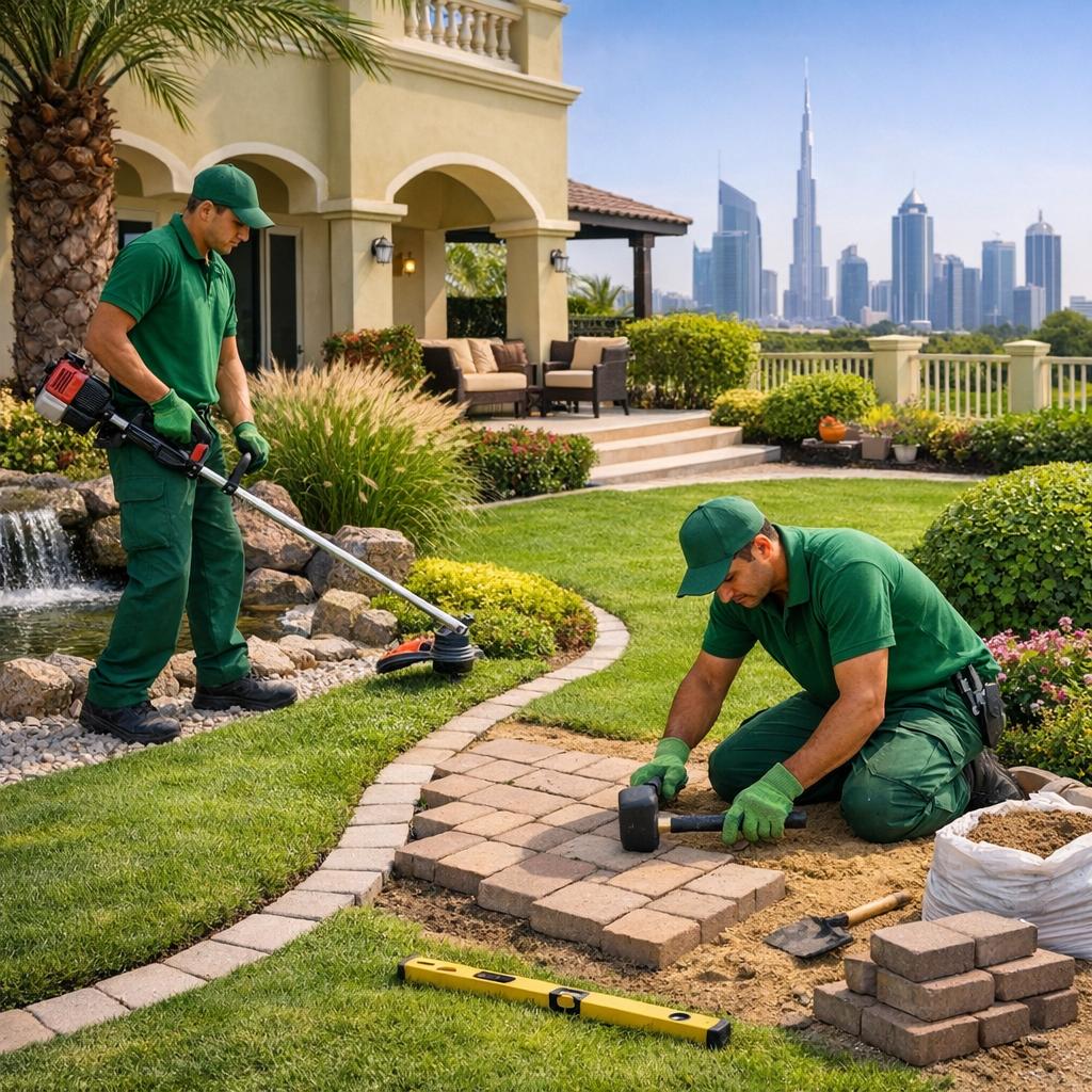 Landscaping in Dubai Silicon Oasis featuring professional gardeners maintaining villa gardens, green lawns, and modern outdoor landscape design services in Dubai.