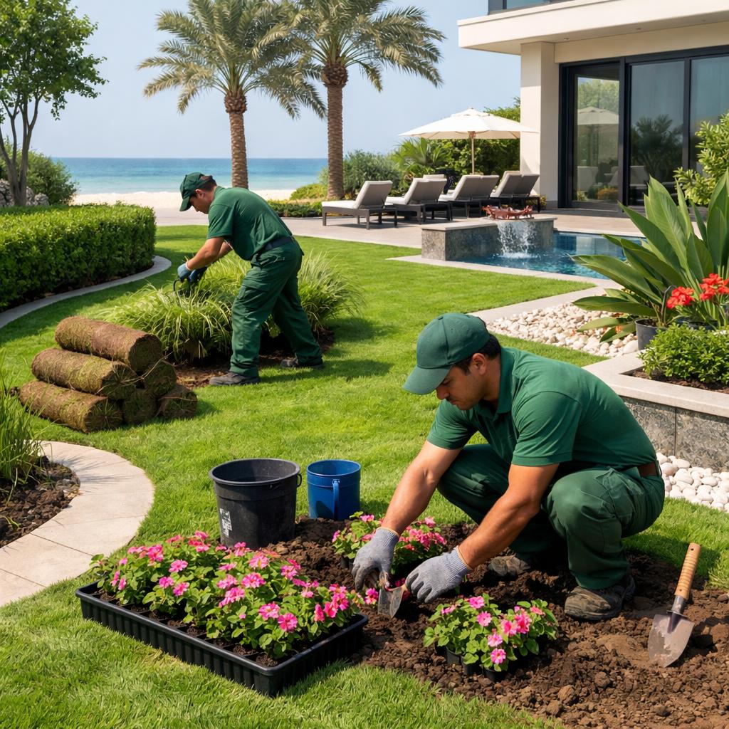 Premium landscaping and gardening services at Saadiyat Island near Saadiyat Beach, showcasing expert landscapers transforming villa outdoor spaces into elegant green environments. The scene includes detailed lawn maintenance, ornamental plant arrangement, palm trees, irrigation systems, and modern hardscape elements, reflecting a luxury coastal lifestyle with beautifully maintained natural surroundings. Luxury landscaping in Saadiyat Beach Abu Dhabi featuring professional villa garden design, green lawn maintenance, palm planting, and premium outdoor landscaping services.