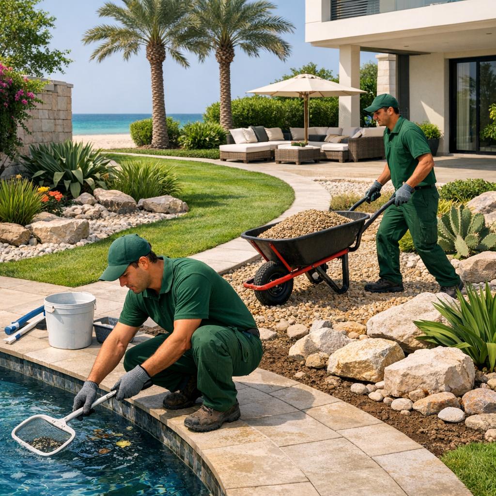 Premium landscaping and gardening services at Saadiyat Island near Saadiyat Beach, showcasing expert gardeners maintaining villa gardens with modern design elements. The scene highlights lawn care, plant arrangement, irrigation systems, and elegant outdoor greenery, creating a natural, luxurious, and serene coastal living environment in Abu Dhabi. Landscaping in Saadiyat Beach Abu Dhabi featuring luxury villa garden maintenance, green lawn care, and professional outdoor landscape design services.