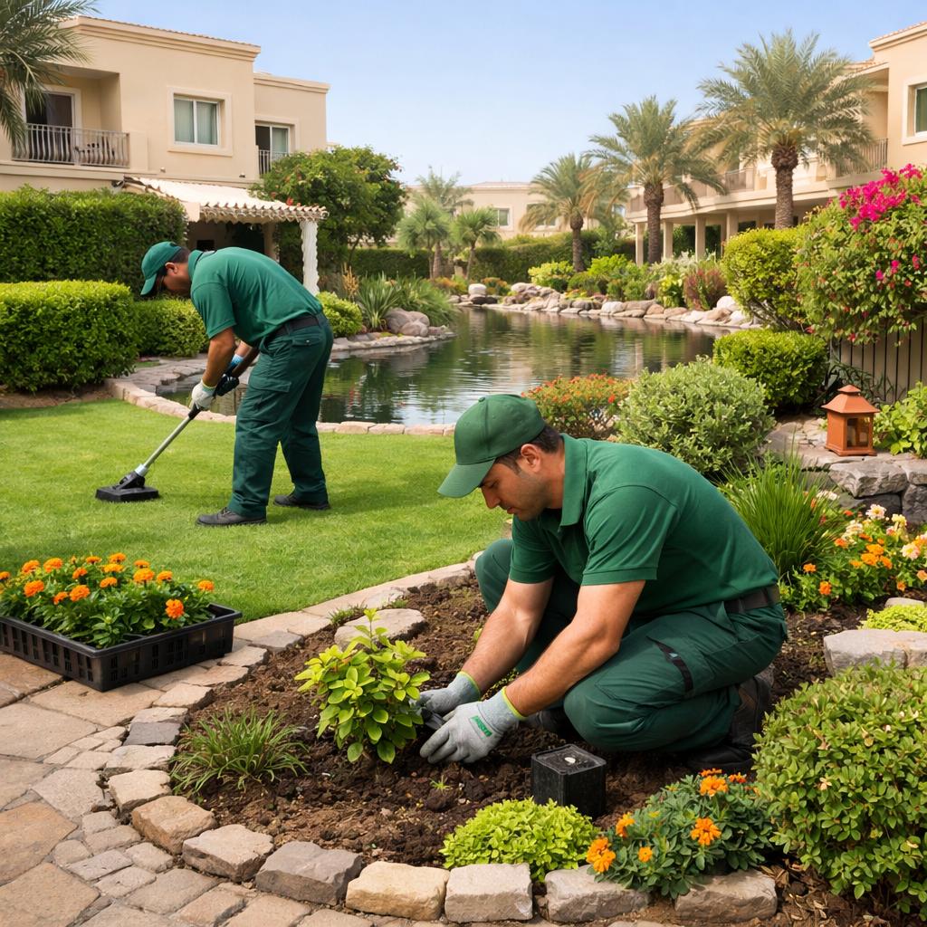 Landscaping in The Springs Dubai featuring villa garden maintenance, lush green lawns, palm trees, and professional outdoor landscaping and gardening services.