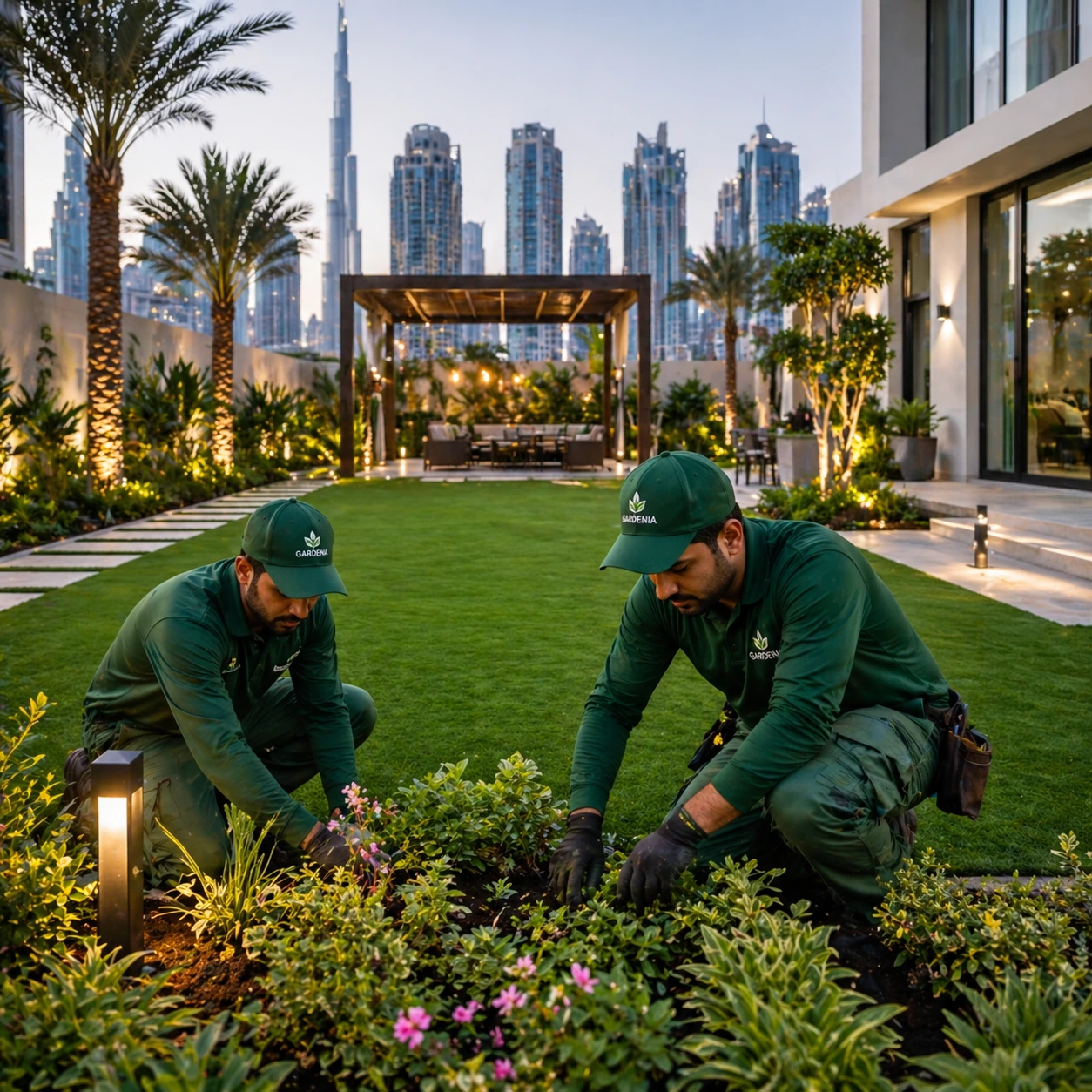 Luxury Villa Landscaping Bluewaters Island Dubai Modern Garden Design Luxury villa landscaping Bluewaters Island Dubai with artificial grass, pergola, and modern garden design