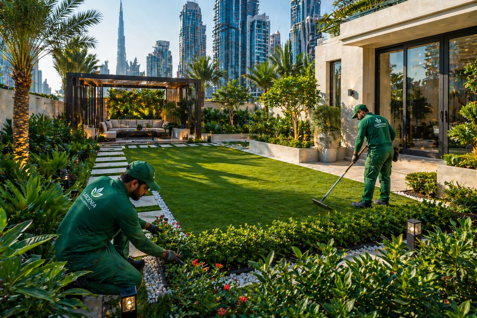 This image highlights premium landscaping in Business Bay villa, featuring a well-maintained lawn, stylish garden layout, and modern outdoor elements. Skilled gardeners in green uniforms are working inside the villa boundary, enhancing plants and greenery with precision. The setup reflects expert garden landscaping, outdoor design, and high-end villa garden services tailored for modern living in Business Bay Dubai. Luxury villa landscaping in Business Bay Dubai with green garden design and expert gardeners working