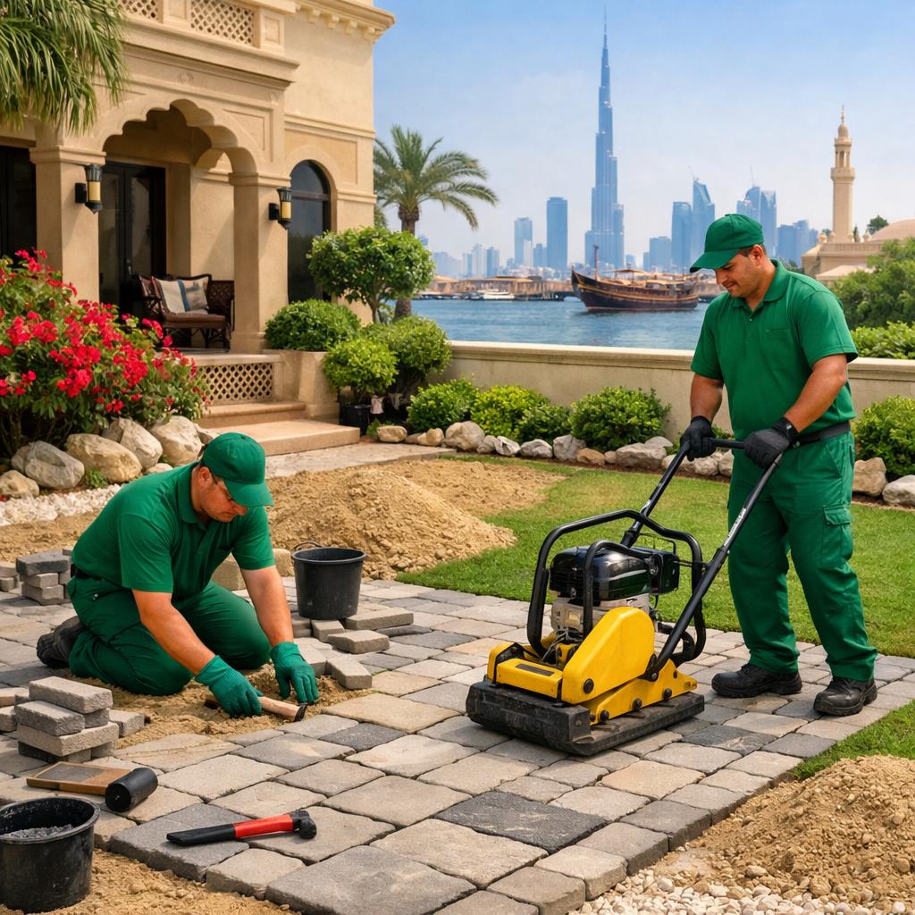 Backyard landscaping Remraam Dubai with artificial grass and gazebo design