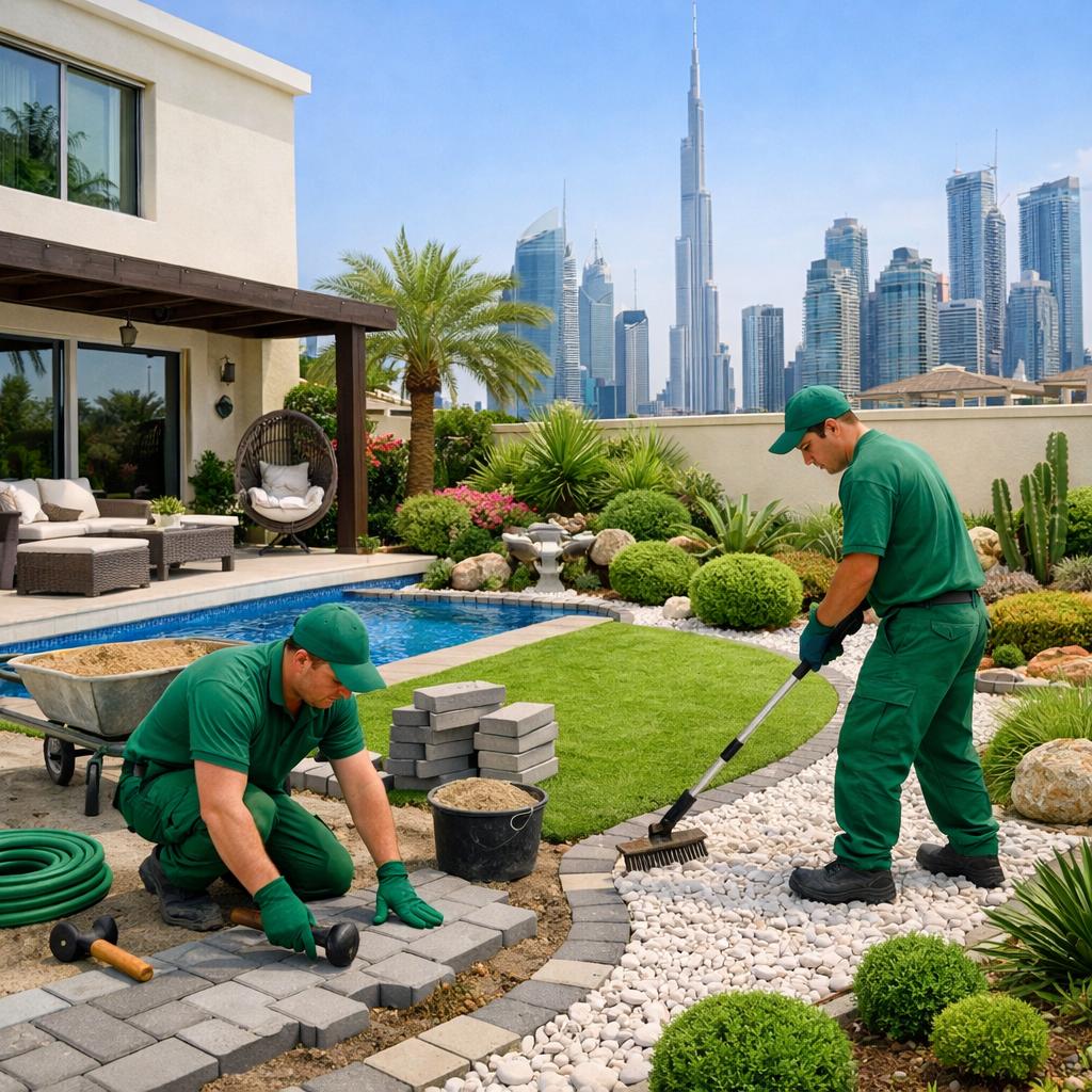 Expert landscaping services in Deira Dubai transforming villa exteriors with lush gardens, elegant pathways, palm trees, and premium outdoor spaces for a modern luxury lifestyle. Professional landscaping in Deira Dubai villas featuring modern garden design, green lawns, palm trees, and luxury outdoor living spaces.