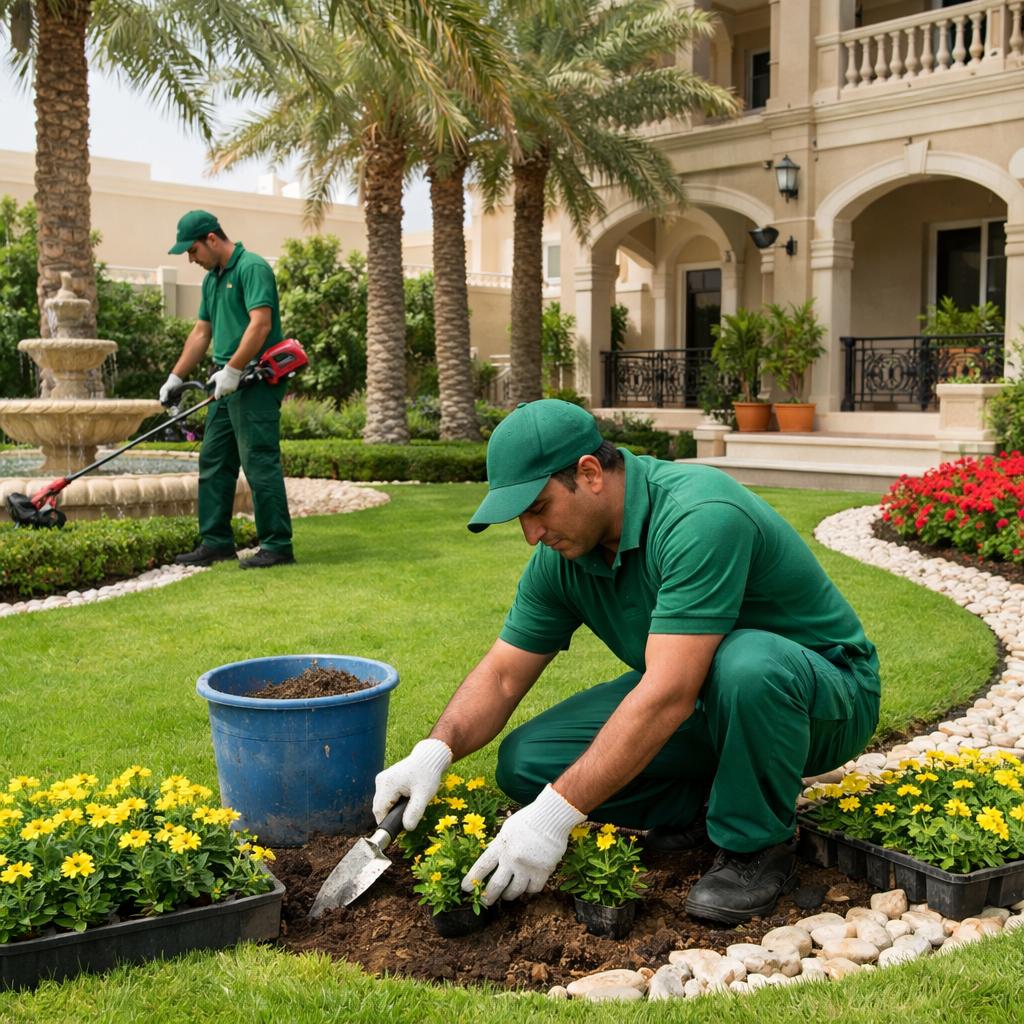 Elegant backyard in Mudon Dubai featuring gazebo, plants, and automated irrigation system Backyard landscaping project in Mudon Dubai with gazebo and irrigation system