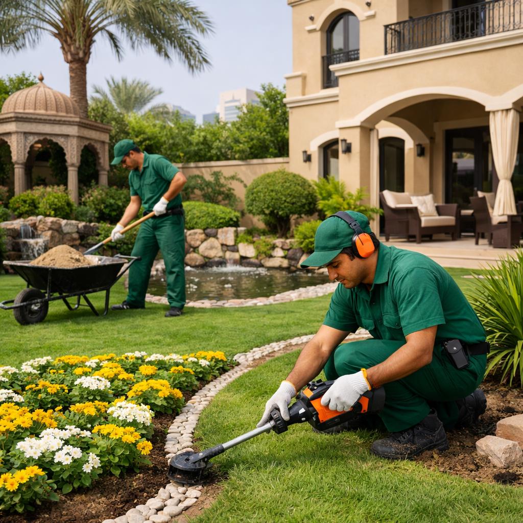 Luxury villa landscaping in Al Jubail Island Abu Dhabi with waterfront gardens, green lawns, palm trees, elegant pathways, and modern outdoor design by professional landscapers.