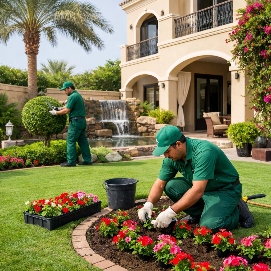 Luxury villa landscaping in Dubai Land Dubai with modern garden design