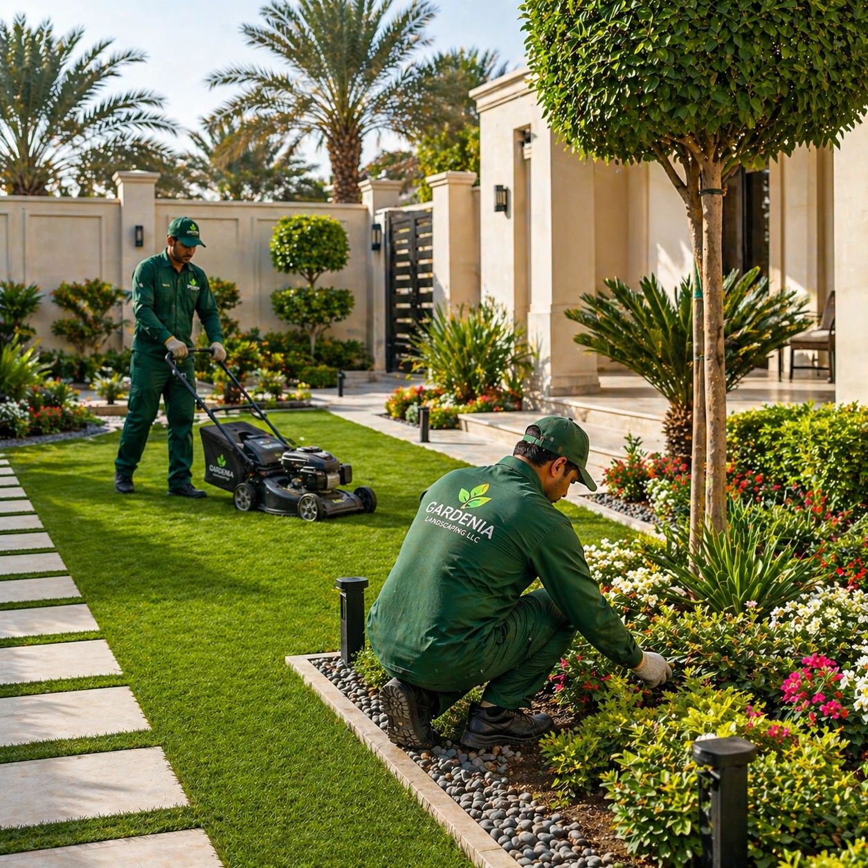 Premium villa landscaping in Al Shawamekh Abu Dhabi featuring a beautifully maintained garden with green grass, elegant pathways, palm trees, and vibrant plants. Designed for luxury outdoor living with a perfect balance of nature and modern style. Professional landscaping in Al Shawamekh Abu Dhabi for villas gardens with lush green lawn, palm trees, decorative plants, and modern outdoor design