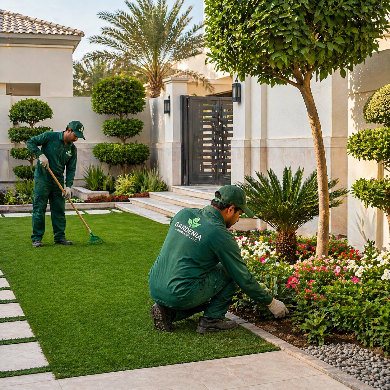 Luxury villa landscaping in Zayed Sports City Abu Dhabi featuring a modern outdoor garden design, elegant gazebo, lush greenery, and premium architectural lighting for upscale living spaces. Luxury villa landscaping in Zayed Sports City Abu Dhabi with modern garden and gazebo
