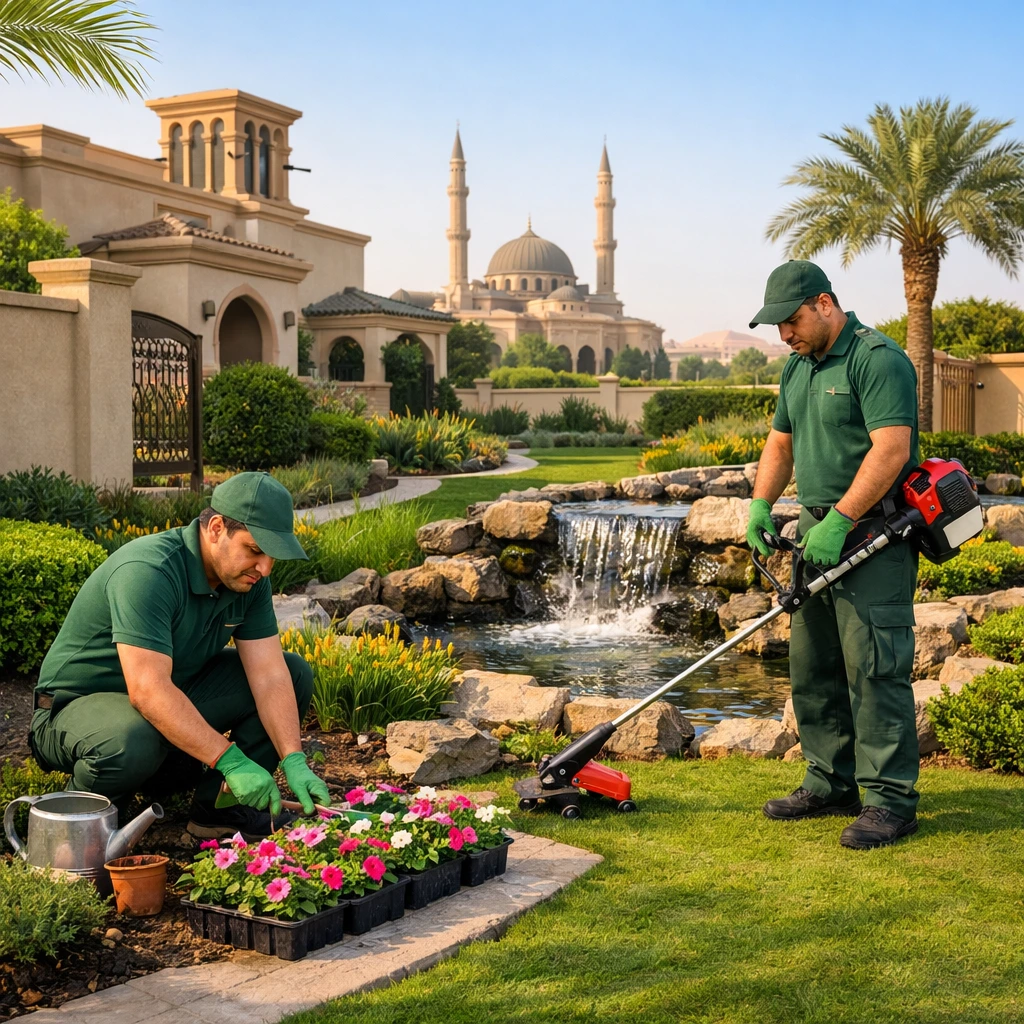 Elegant backyard transformation in Serena Dubai featuring artificial grass and wooden pergola Residential landscaping Serena Dubai backyard with artificial grass and pergola