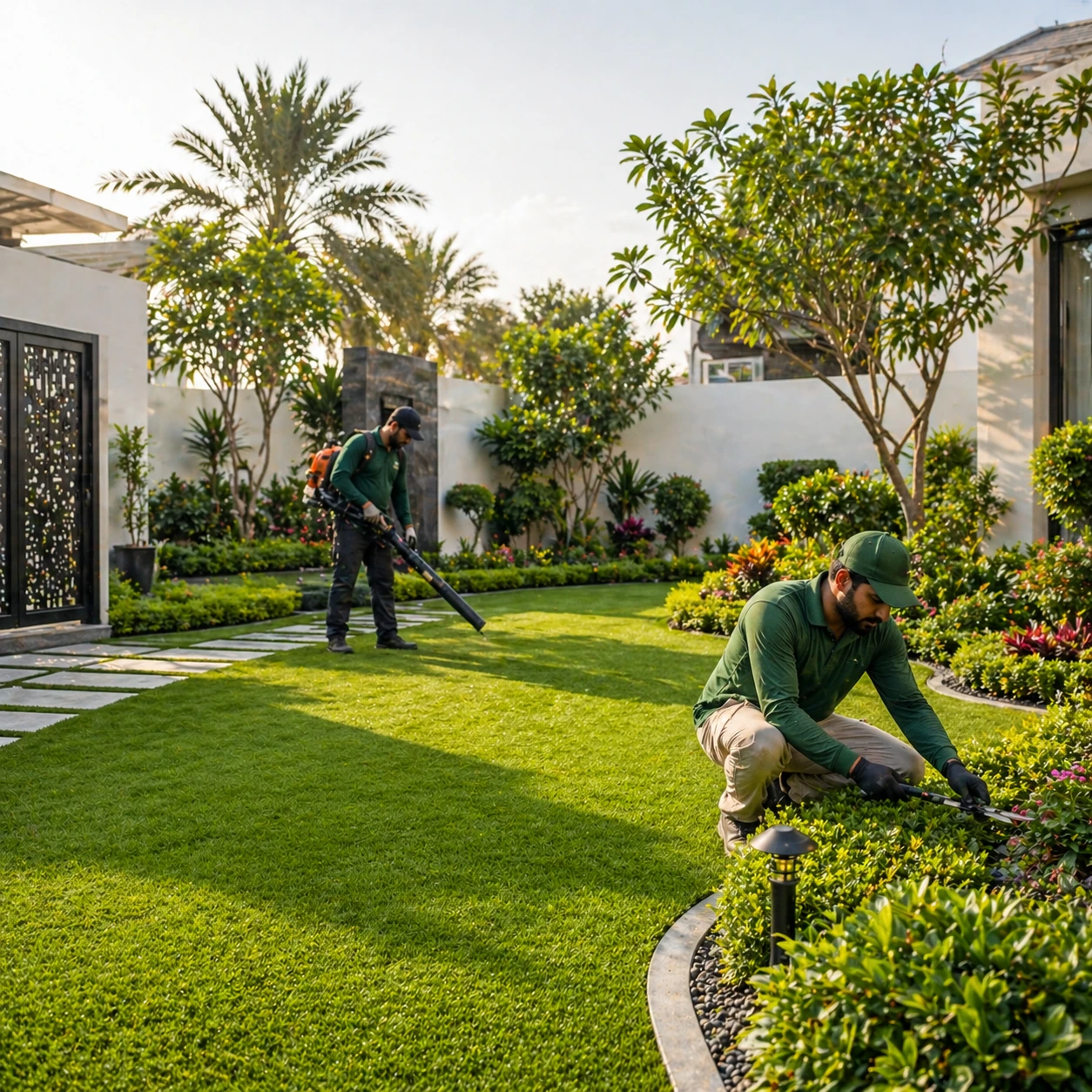 Luxury villa landscaping in Al Manaseer Abu Dhabi with gazebo and green lawn