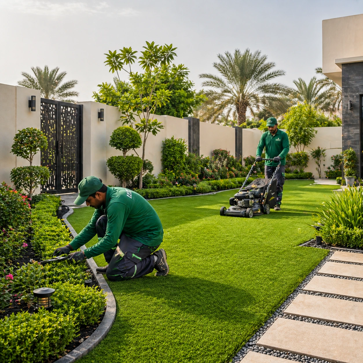 Luxury villa garden landscaping in Al Bandar Abu Dhabi with pergola and green lawn design