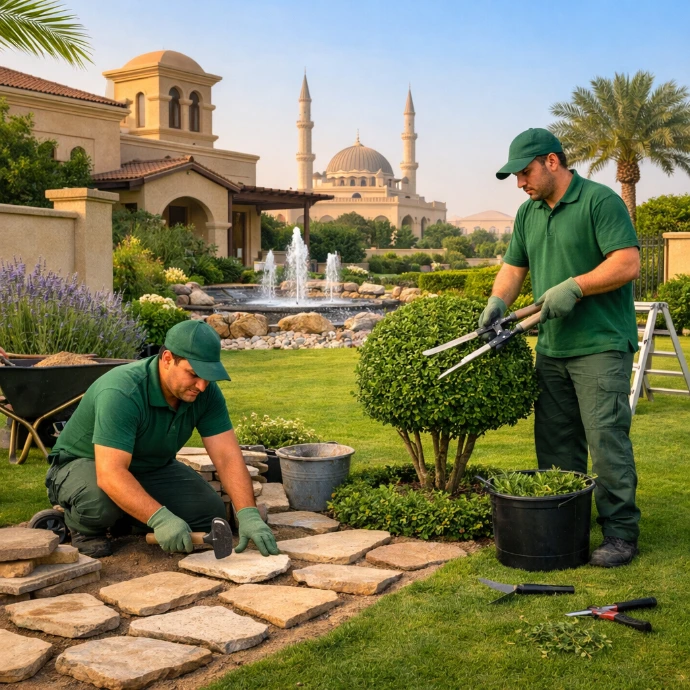 Backyard landscaping with gazebo and irrigation system