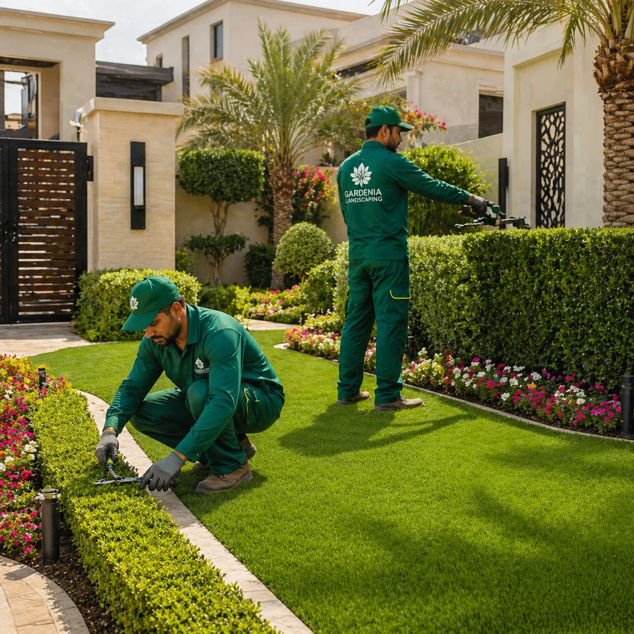 A modern villa garden in Mudon Dubai with green artificial lawn, wooden pergola, and seating Luxury villa garden landscaping in Mudon Dubai with pergola and artificial grass