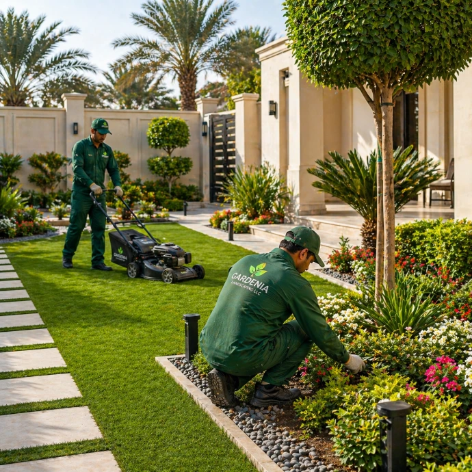 Modern garden landscaping with artificial grass and irrigation system in Abu Dhabi villa backyard