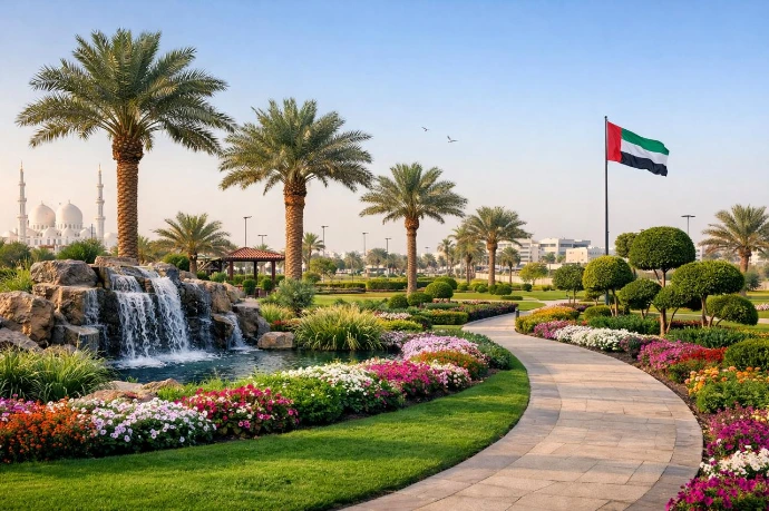 Complete gardening services in Shakhbout City Abu Dhabi including garden maintenance, landscape design, turf care, and seasonal planting.