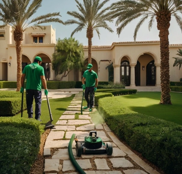 Luxury landscaping and gardening in Al Muneera Abu Dhabi featuring lush green lawn, palm trees, modern villa garden design, elegant pathways, and outdoor seating in UAE climate