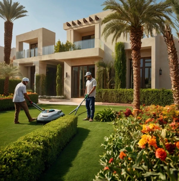 A high-quality modern residential garden in Al Muneera Abu Dhabi featuring lush green landscaping, artificial grass lawn, palm trees, decorative plants, stylish outdoor seating area, and elegant pathways. The design reflects professional landscaping and gardening services adapted to the UAE desert climate, with a clean, luxurious villa environment and warm natural lighting.