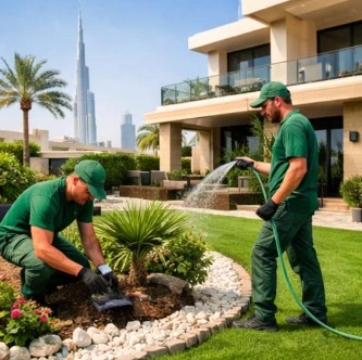 Residential landscaping in Al Khalidiyah Abu Dhabi with green lawn, plants, and modern outdoor garden design by expert landscaping company