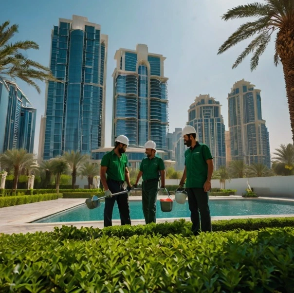 Professional landscaping company in Abu Dhabi working on a garden project in Creekside Dubai, installing plants and irrigation system, modern tools, clean environment, realistic, high detail Landscaping services in Abu Dhabi style garden design at Creekside Dubai with green lawn and palm trees
