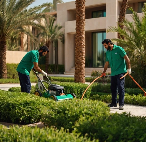Garden landscaping in Dubai Hills with palm trees and irrigation system