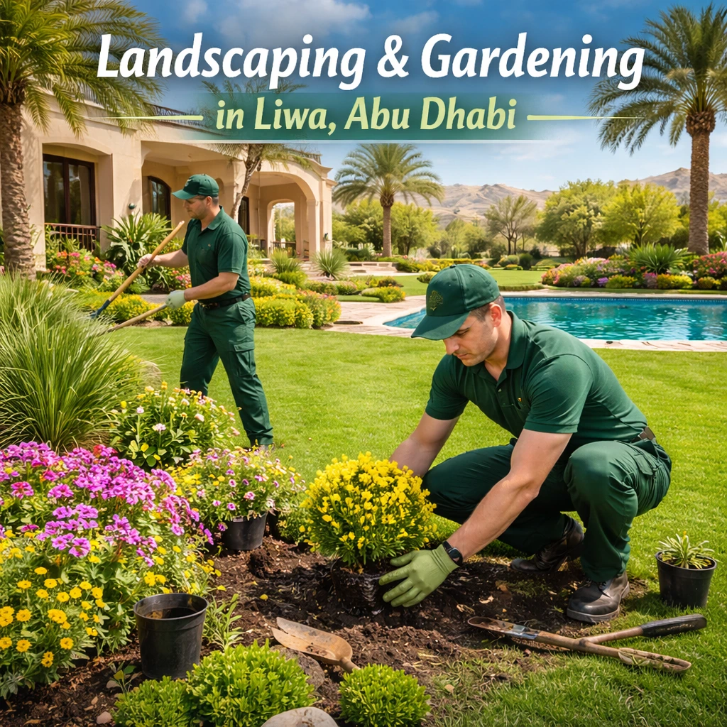 Landscaping services in Abu Dhabi villa garden with green lawn and plants