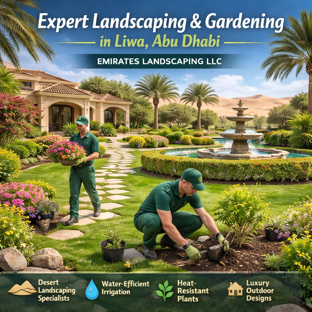 Villa landscaping Abu Dhabi with trees, grass, and outdoor seating