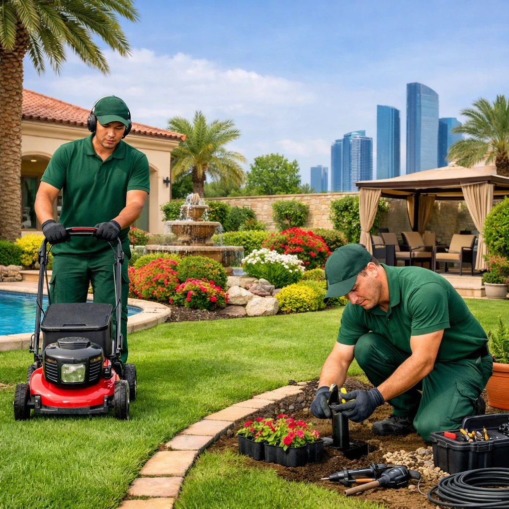 Expert landscaping and gardening in Al Rawdah Abu Dhabi — two uniformed gardeners maintaining a villa garden with lawn care, irrigation, and vibrant plants.