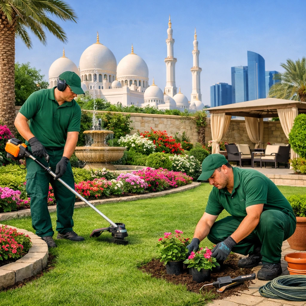 Professional landscaping and gardening services in Al Rawdah Abu Dhabi — two gardeners in green uniforms maintaining a villa garden with lush grass, colorful flowers, and modern outdoor features.
