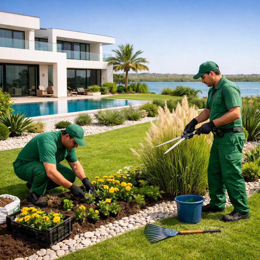 Top landscaping and gardening services in Jubail Island Abu Dhabi with lush green lawns and modern outdoor design