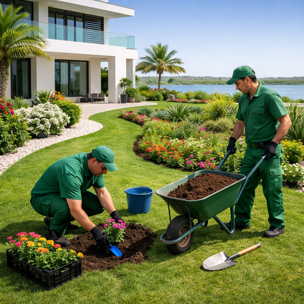 High-quality landscaping and gardening services in Jubail Island Abu Dhabi with luxury villa garden