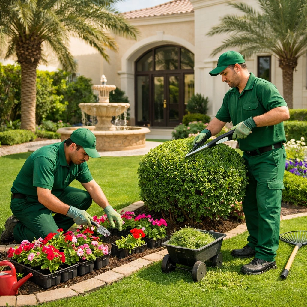 A luxury villa garden in Khalifa City Abu Dhabi with green lawn, palm trees, modern seating, and elegant landscape lighting Modern villa garden landscaping in Khalifa City Abu Dhabi