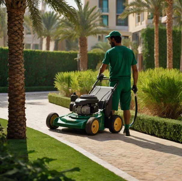 Professional landscapers designing and maintaining a garden in Downtown Dubai, trimming plants, installing grass, clean environment, bright daylight, realistic scene Professional landscaping team working on garden in Downtown Dubai