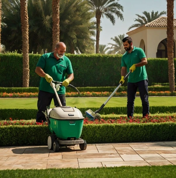 Luxury villa garden landscaping services in The Meadows, Dubai with green lawn and plants