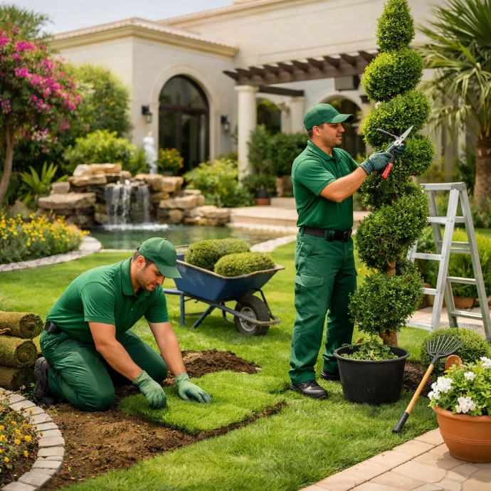 Professional landscaping services in The Meadows Dubai with luxury villa garden and lawn