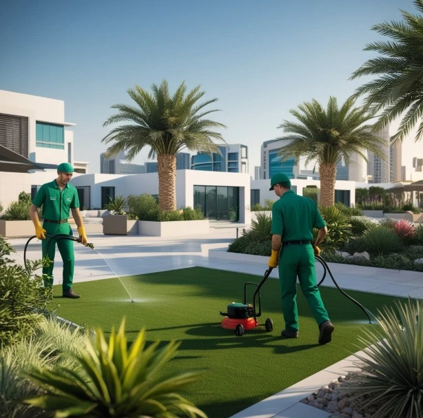 Professional landscaping and gardening in Al Suyoh Sharjah with two experts maintaining a villa garden in green uniforms
