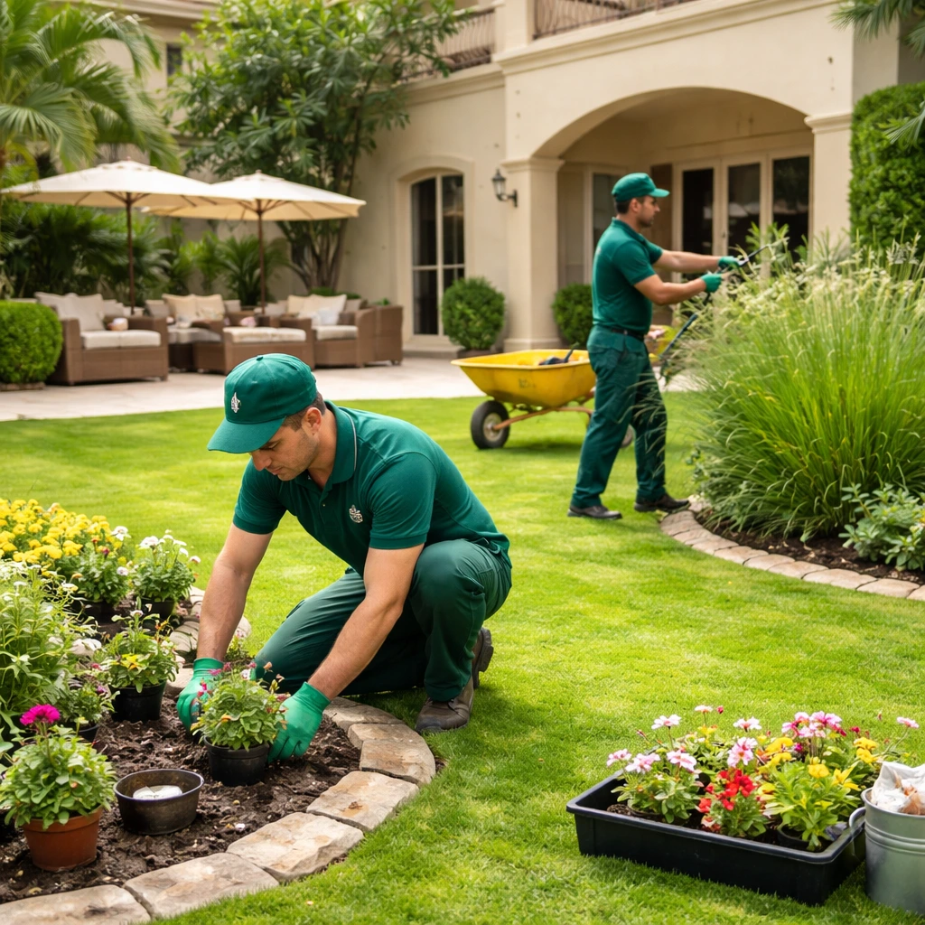 Expert landscaping and gardening services in Al Suyoh Sharjah with two professionals working in a villa garden
