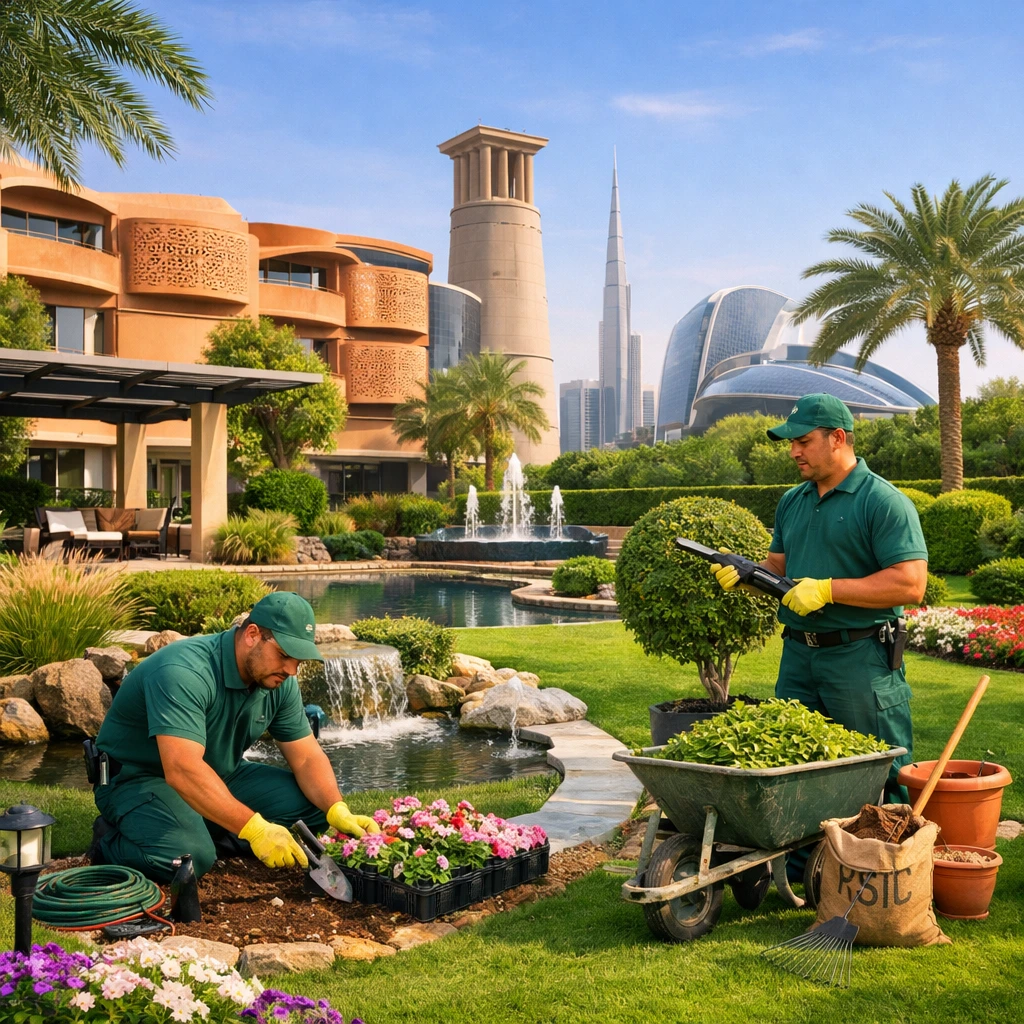 Expert landscaping services in Al Bahia Abu Dhabi with gardeners maintaining villa lawn