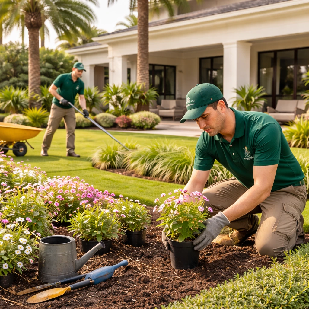 Professional landscaping in Al Khan Sharjah with gardeners maintaining a villa garden, lush green lawn, and modern outdoor design