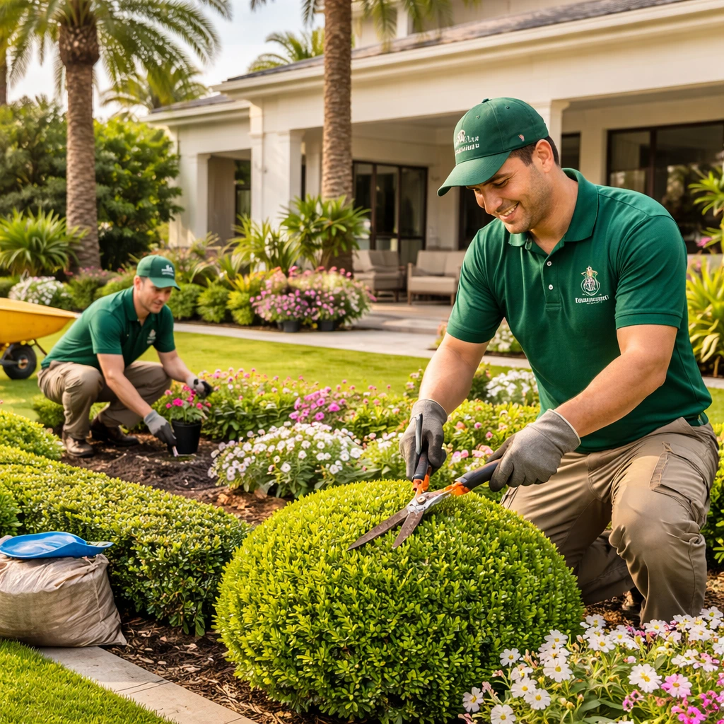 Best Landscaping in Al Khan Sharjah with professional gardeners maintaining villa garden, green lawn care and modern outdoor landscaping services