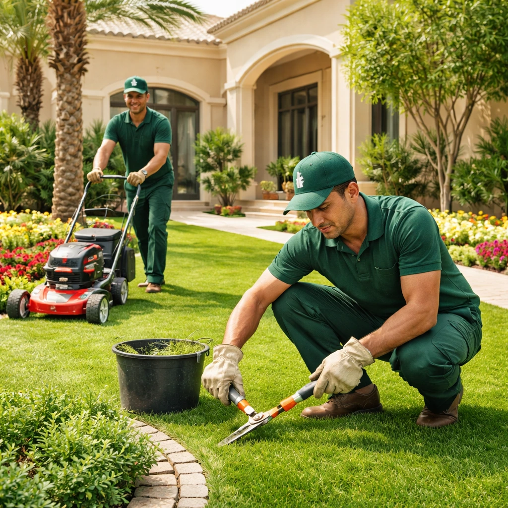Professional landscaping in Al Bahia Abu Dhabi with gardeners maintaining villa garden